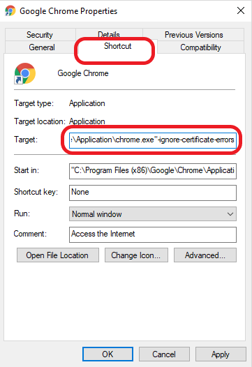 google chrome properties settings