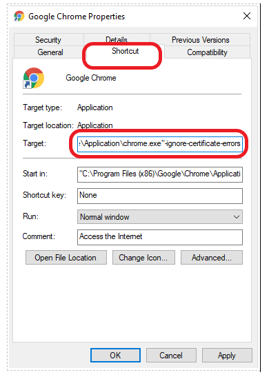 Google Chrome Properties setting