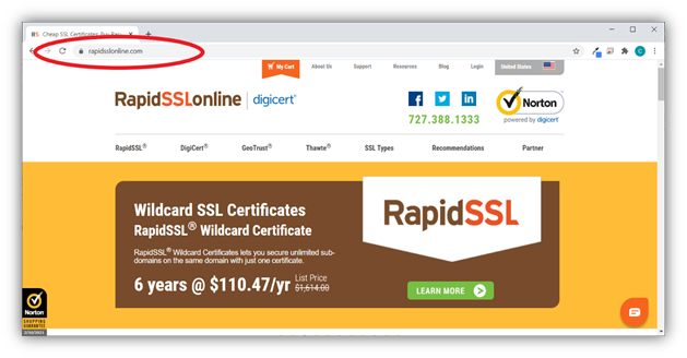 A website with an SSL certificate on the browser