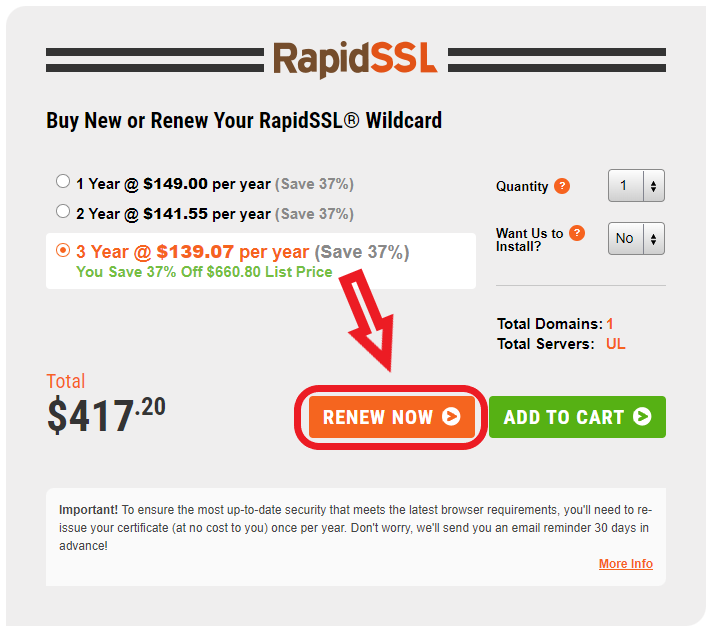 RapidSSL ceritficate order screen